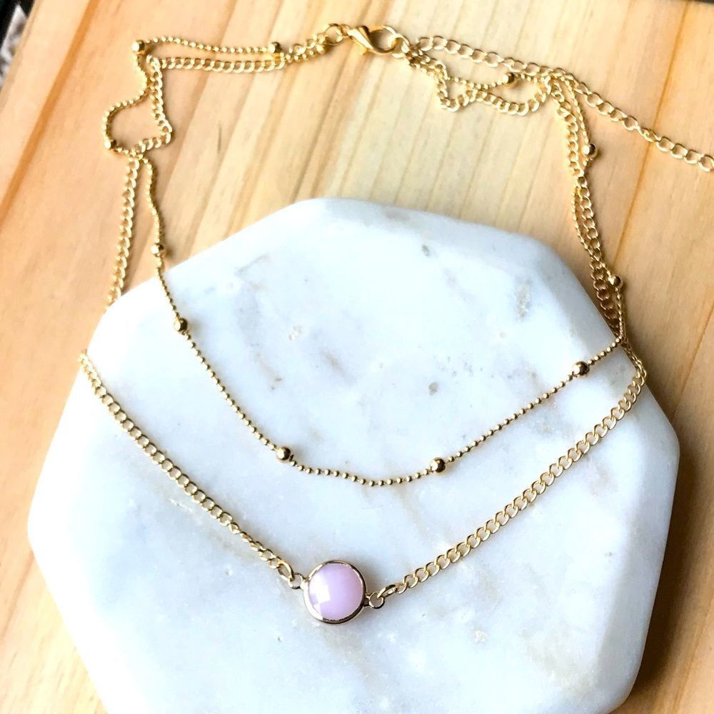 Gold Layer Necklace Jewelry Rose Quartz Pink Jewel Boho Women Dainty Chain NEW